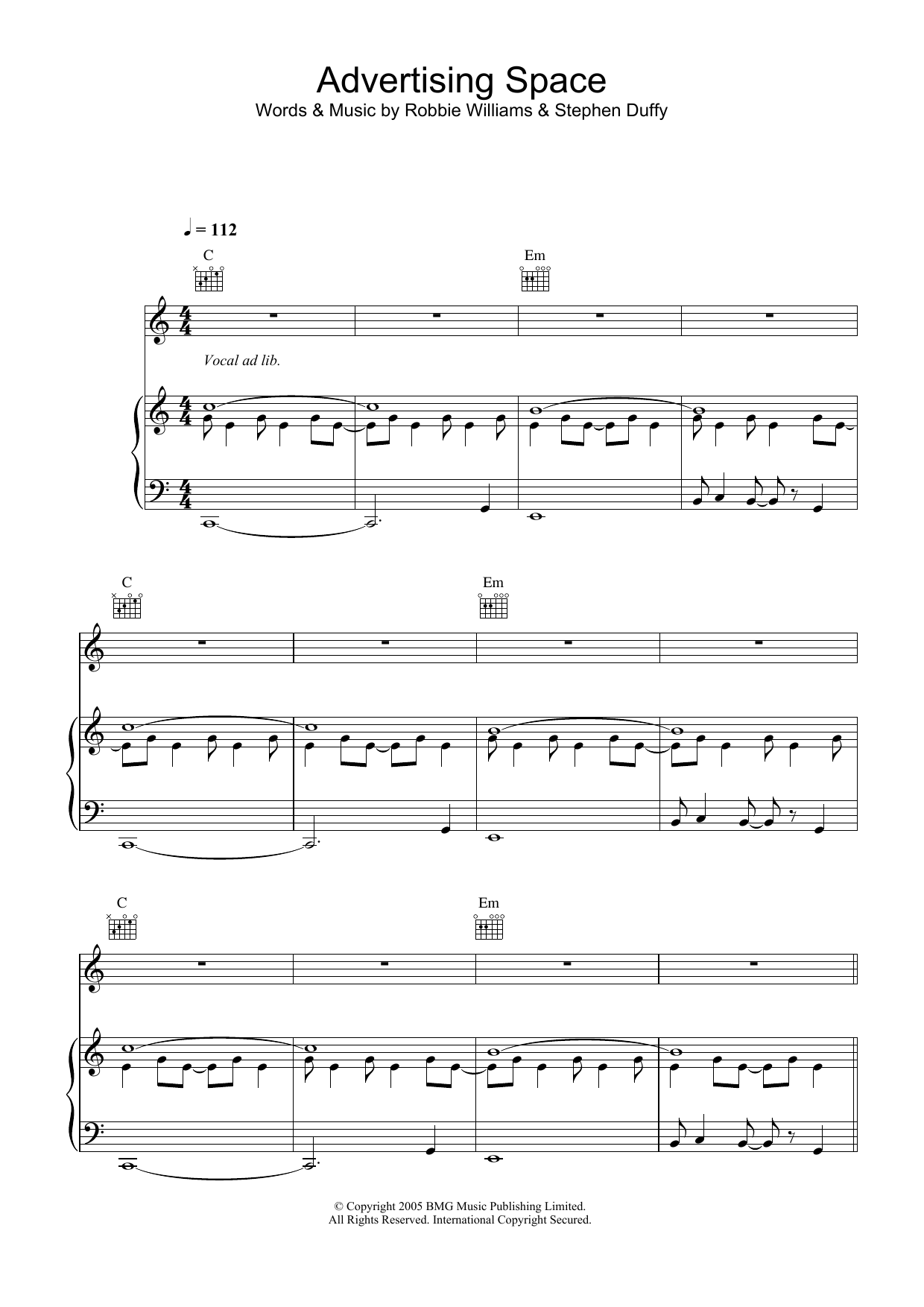 Robbie Williams Advertising Space sheet music notes and chords arranged for Piano, Vocal & Guitar Chords