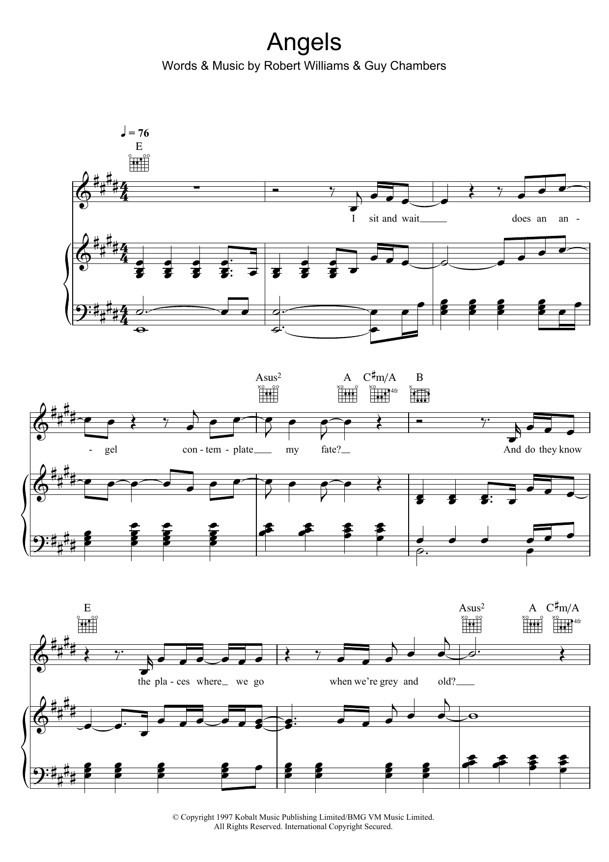 Robbie Williams Angels sheet music notes and chords arranged for Piano, Vocal & Guitar Chords