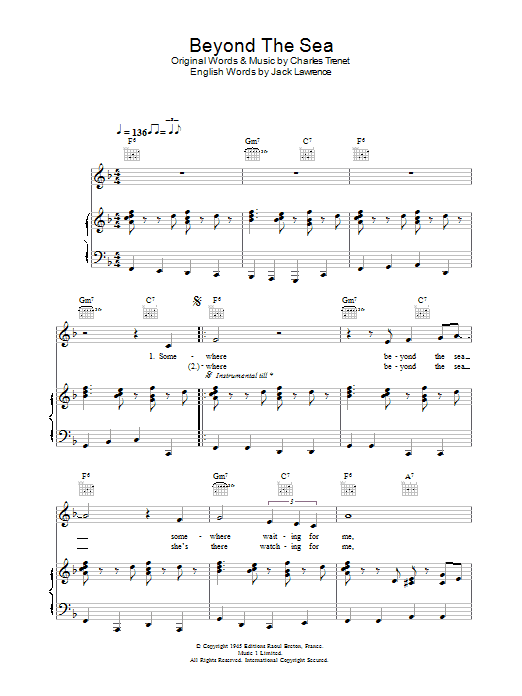Robbie Williams Beyond The Sea sheet music notes and chords arranged for Piano, Vocal & Guitar Chords