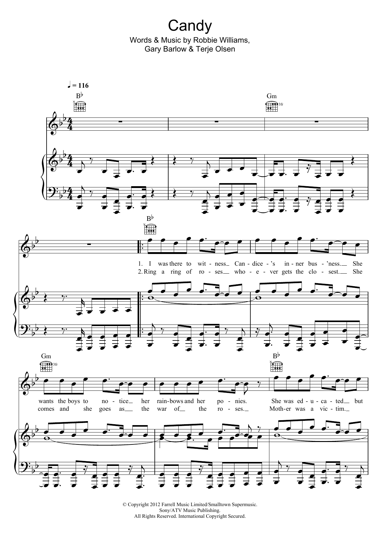 Robbie Williams Candy sheet music notes and chords arranged for Piano, Vocal & Guitar Chords