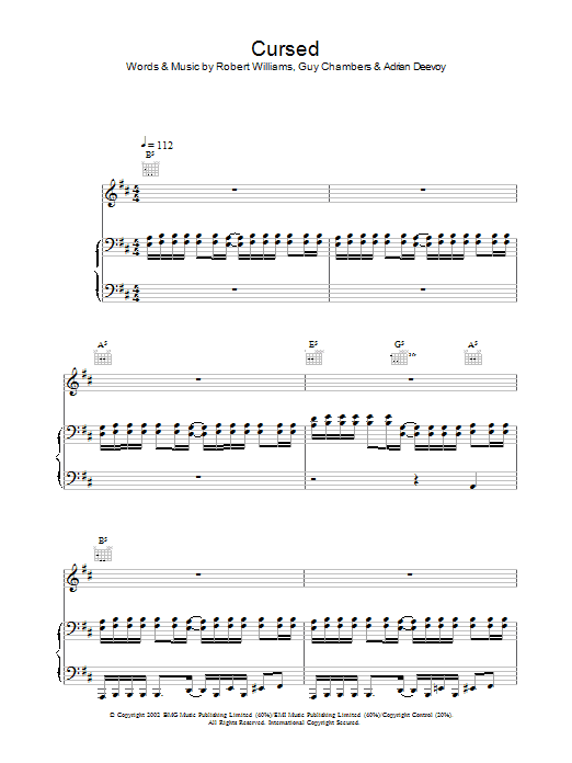 Robbie Williams Cursed sheet music notes and chords arranged for Piano, Vocal & Guitar Chords