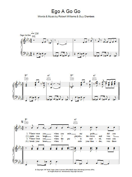 Robbie Williams Ego A Go Go sheet music notes and chords arranged for Piano, Vocal & Guitar Chords