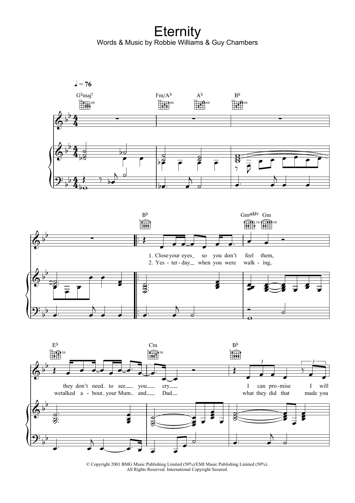 Robbie Williams Eternity sheet music notes and chords arranged for Piano, Vocal & Guitar Chords
