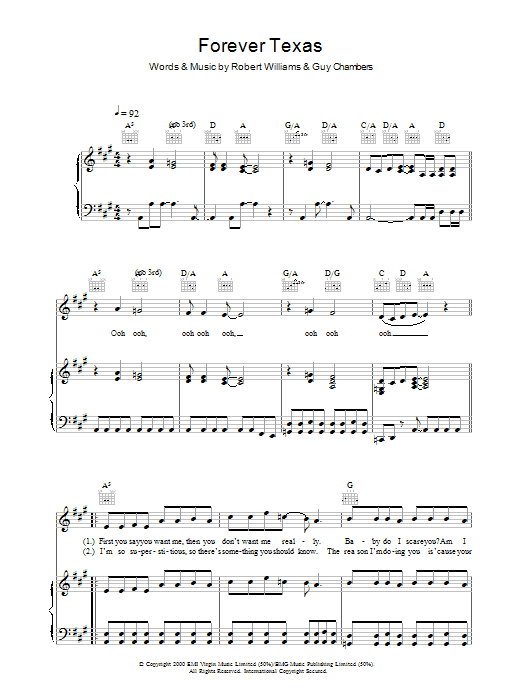 Robbie Williams Forever Texas sheet music notes and chords arranged for Piano, Vocal & Guitar Chords