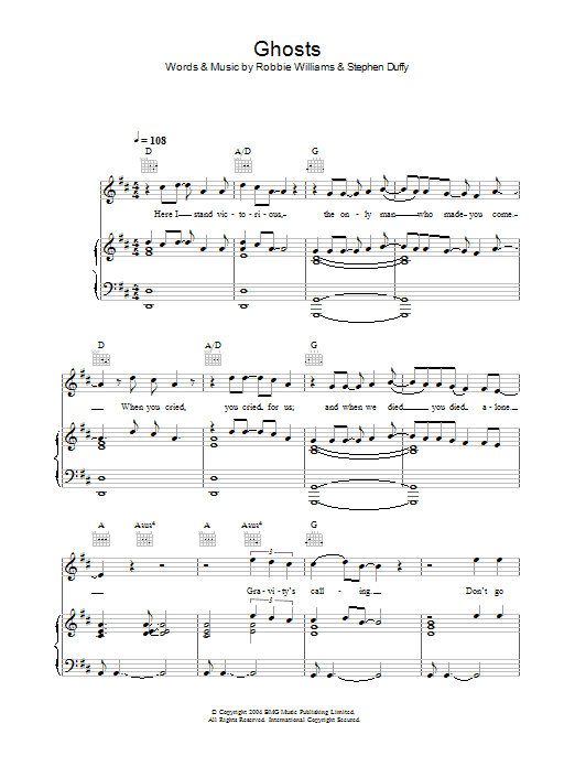 Robbie Williams Ghosts sheet music notes and chords arranged for Piano, Vocal & Guitar Chords