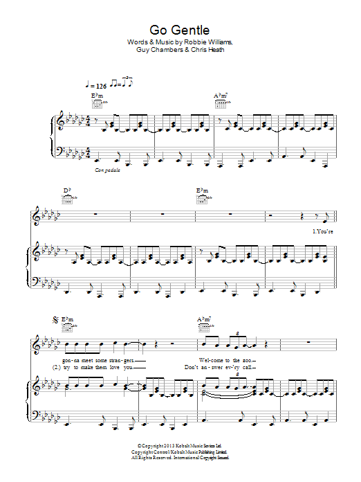 Robbie Williams Go Gentle sheet music notes and chords arranged for Piano, Vocal & Guitar Chords