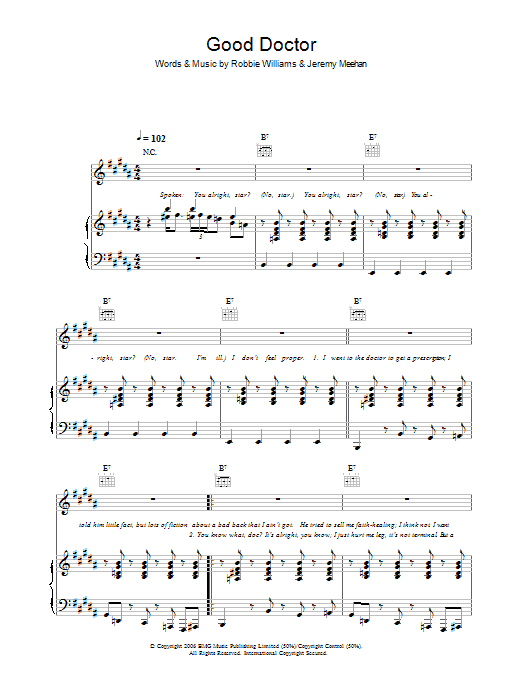 Robbie Williams Good Doctor sheet music notes and chords arranged for Piano, Vocal & Guitar Chords