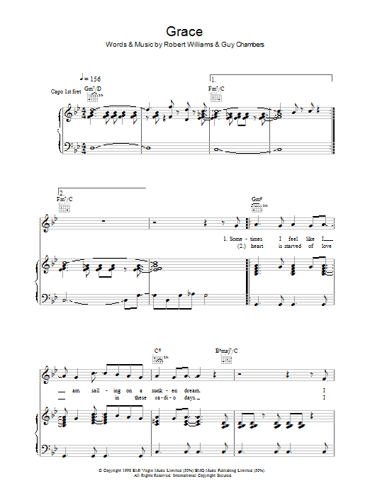 Robbie Williams Grace sheet music notes and chords arranged for Piano, Vocal & Guitar Chords
