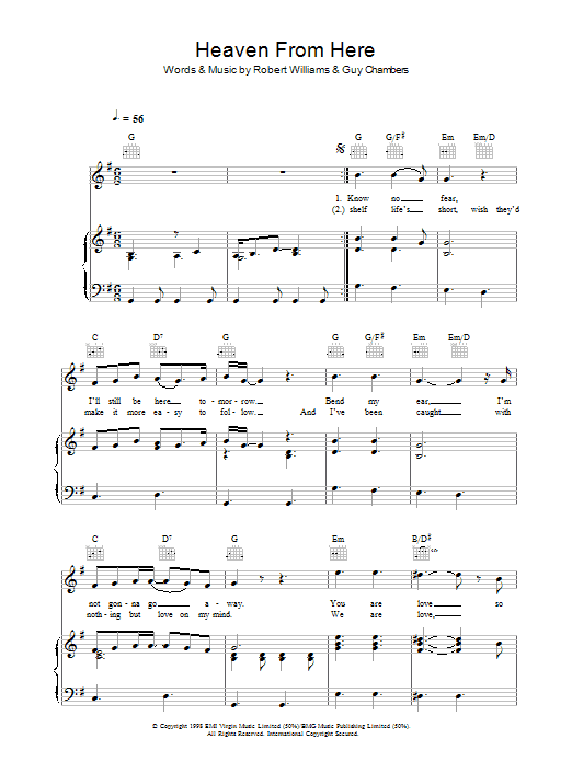 Robbie Williams Heaven From Here sheet music notes and chords arranged for Piano, Vocal & Guitar Chords