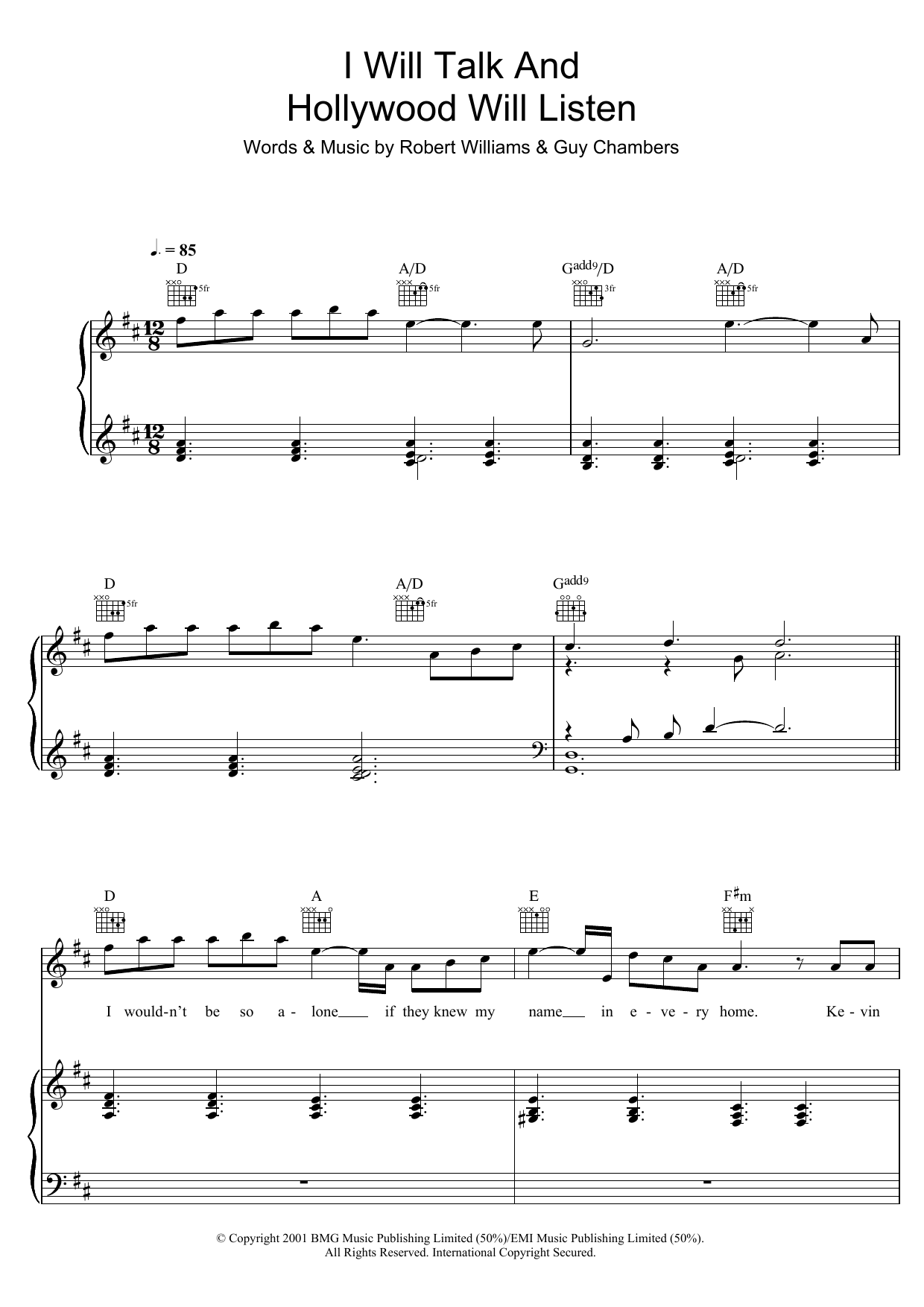 Robbie Williams I Will Talk And Hollywood Will Listen sheet music notes and chords arranged for Piano, Vocal & Guitar Chords