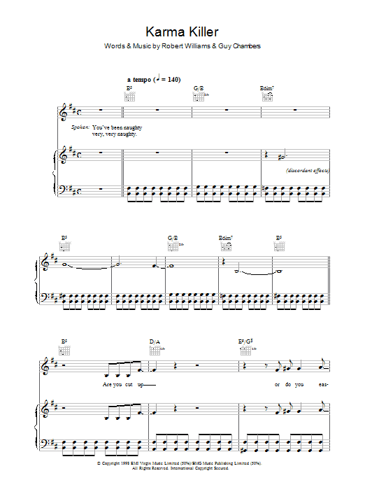 Robbie Williams Karma Killer sheet music notes and chords arranged for Piano, Vocal & Guitar Chords