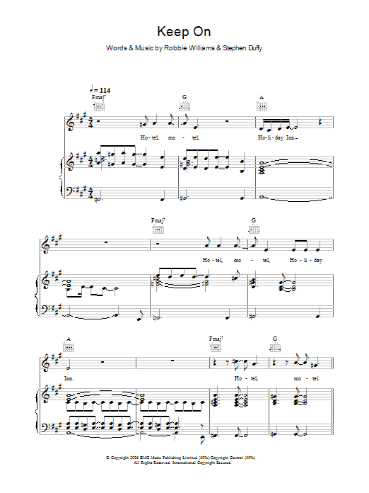 Robbie Williams Keep On sheet music notes and chords arranged for Piano, Vocal & Guitar Chords