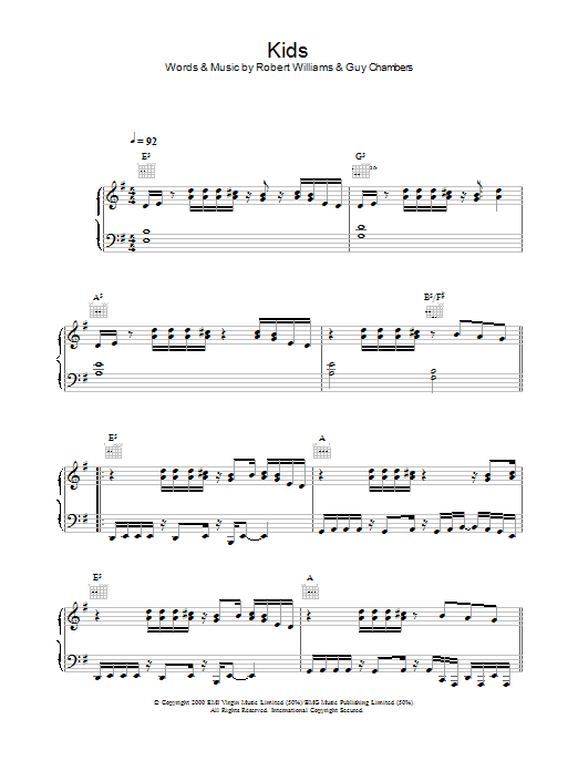 Robbie Williams Kids sheet music notes and chords arranged for Piano, Vocal & Guitar Chords