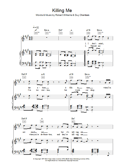 Robbie Williams Killing Me sheet music notes and chords arranged for Piano, Vocal & Guitar Chords