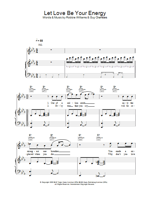 Robbie Williams Let Love Be Your Energy sheet music notes and chords arranged for Piano, Vocal & Guitar Chords