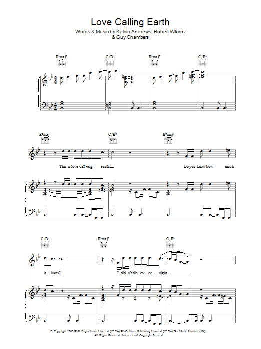 Robbie Williams Love Calling Earth sheet music notes and chords arranged for Piano, Vocal & Guitar Chords