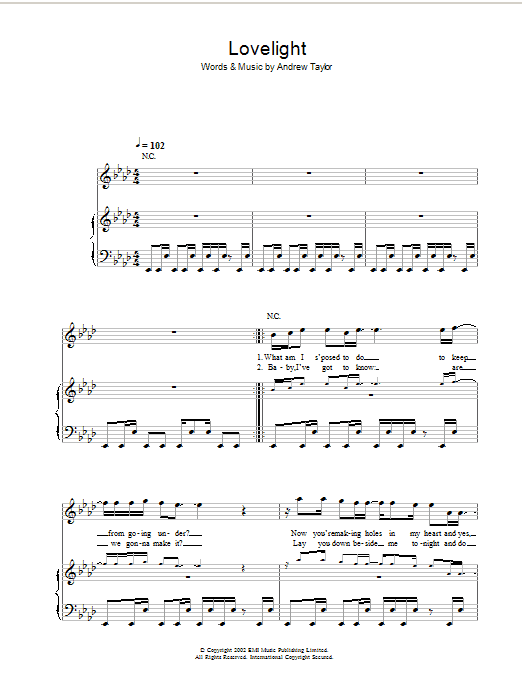 Robbie Williams Lovelight sheet music notes and chords arranged for Piano, Vocal & Guitar Chords