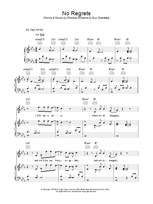 Robbie Williams No Regrets sheet music notes and chords arranged for Piano, Vocal & Guitar Chords