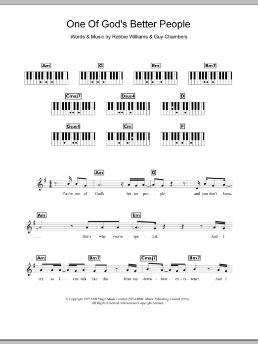 Robbie Williams One Of God's Better People sheet music notes and chords arranged for Piano Chords/Lyrics