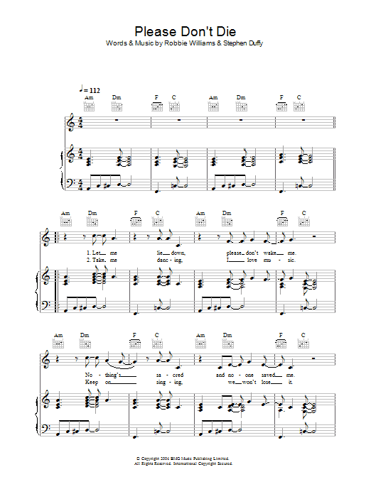 Robbie Williams Please Don't Die sheet music notes and chords arranged for Piano, Vocal & Guitar Chords