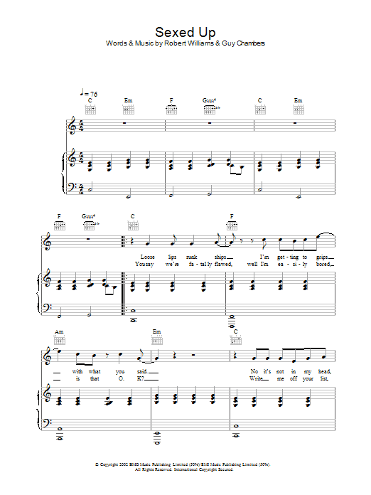 Robbie Williams Sexed Up sheet music notes and chords arranged for Piano, Vocal & Guitar Chords