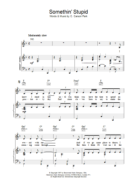 Robbie Williams Somethin' Stupid sheet music notes and chords arranged for Piano, Vocal & Guitar Chords