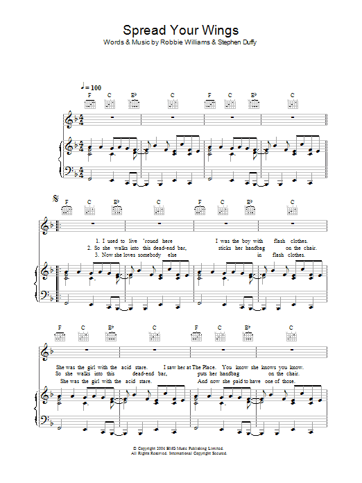 Robbie Williams Spread Your Wings sheet music notes and chords arranged for Piano, Vocal & Guitar Chords