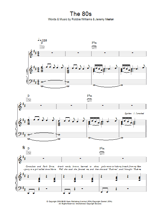 Robbie Williams The 80s sheet music notes and chords arranged for Piano, Vocal & Guitar Chords