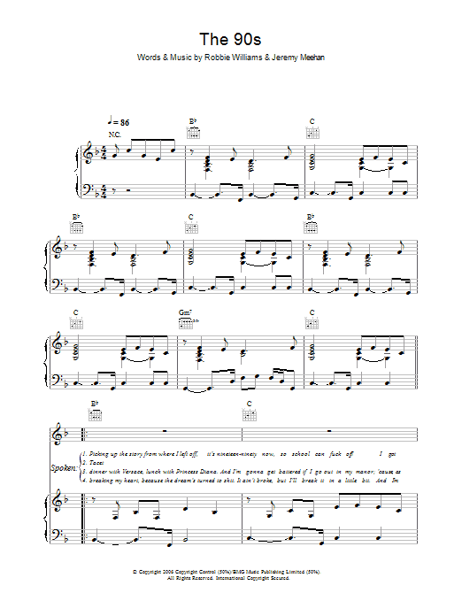 Robbie Williams The 90s sheet music notes and chords arranged for Piano, Vocal & Guitar Chords