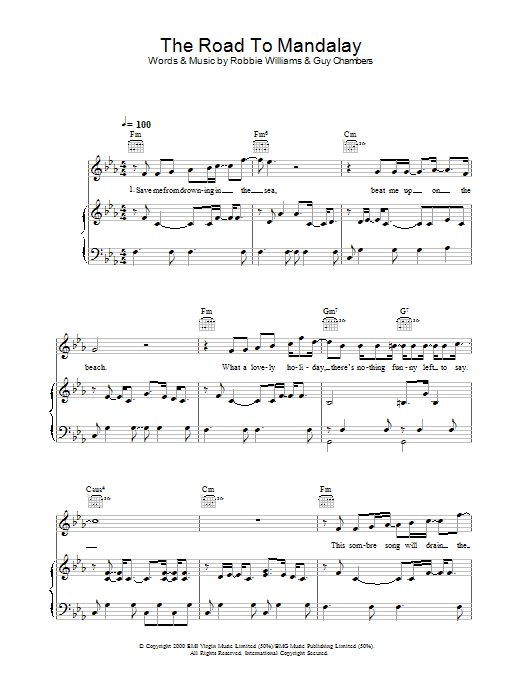 Robbie Williams The Road To Mandalay sheet music notes and chords arranged for Piano, Vocal & Guitar Chords