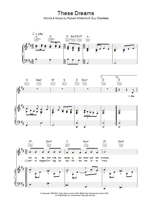 Robbie Williams These Dreams sheet music notes and chords arranged for Piano, Vocal & Guitar Chords