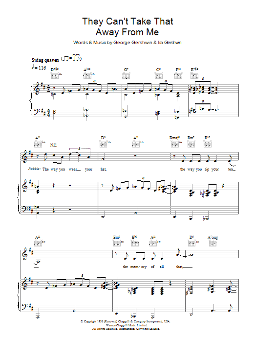 Robbie Williams They Can't Take That Away From Me sheet music notes and chords arranged for Piano, Vocal & Guitar Chords