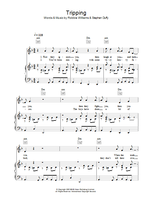 Robbie Williams Tripping sheet music notes and chords arranged for Piano, Vocal & Guitar Chords