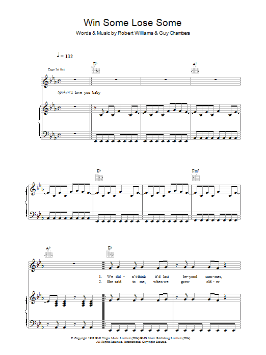 Robbie Williams Win Some Lose Some sheet music notes and chords arranged for Piano, Vocal & Guitar Chords
