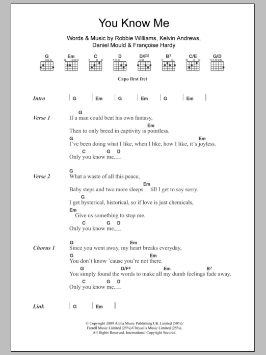 Robbie Williams You Know Me sheet music notes and chords arranged for Guitar Chords/Lyrics