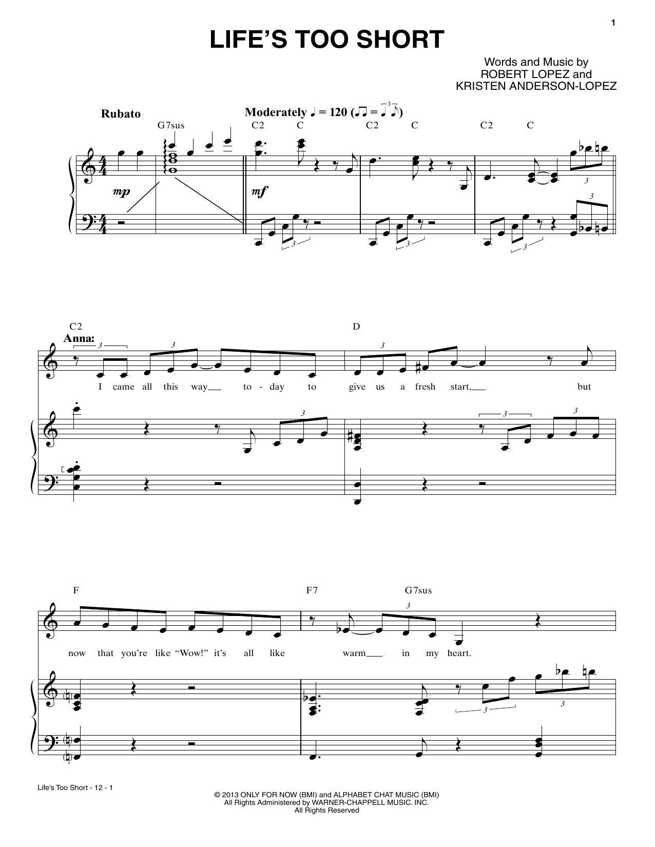 Robert & Kristen Anderson-Lopez Life's Too Short sheet music notes and chords arranged for Piano & Vocal
