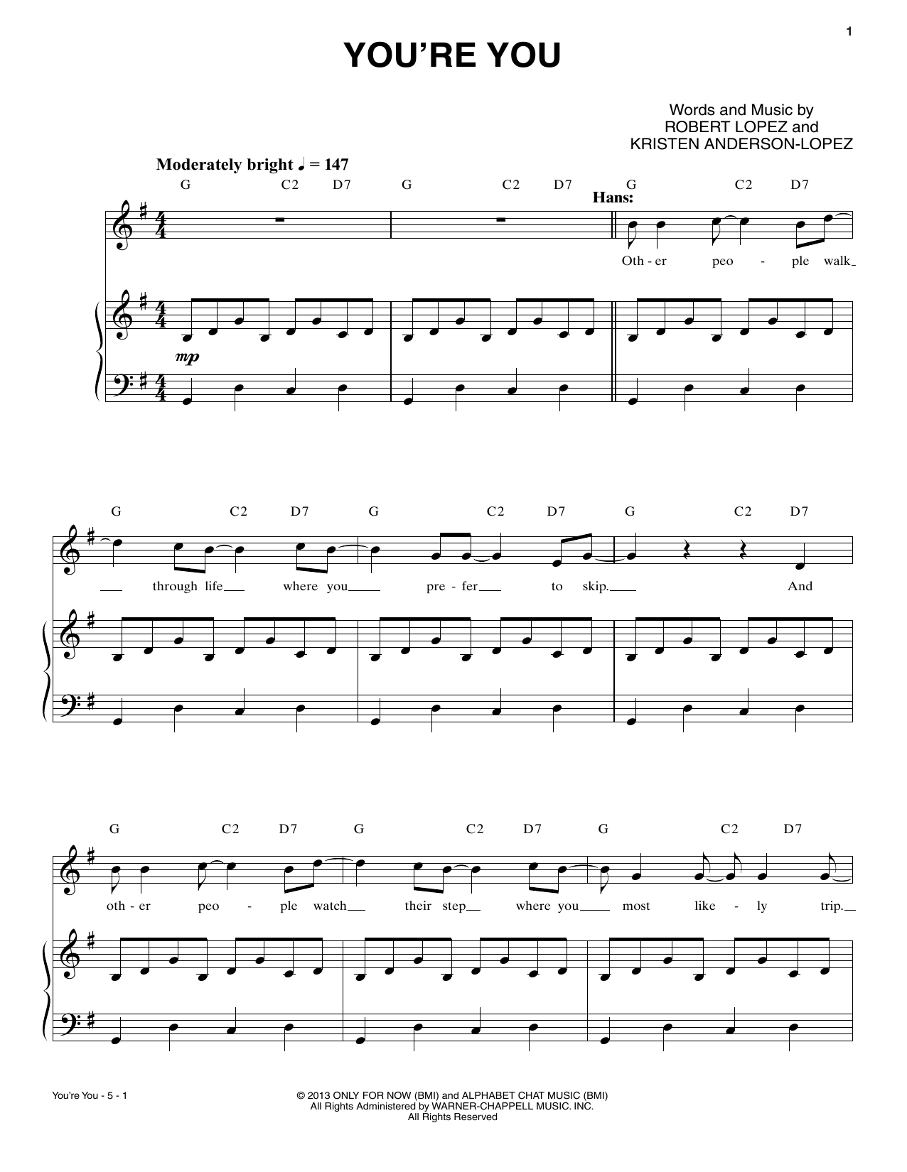 Robert & Kristen Anderson-Lopez You're You sheet music notes and chords arranged for Piano & Vocal