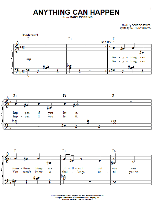 Sherman Brothers Anything Can Happen sheet music notes and chords arranged for Easy Piano