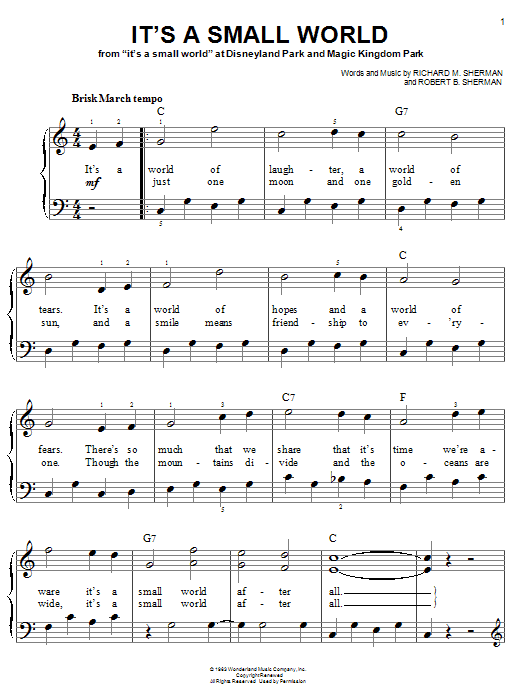 Sherman Brothers It's A Small World sheet music notes and chords arranged for Super Easy Piano