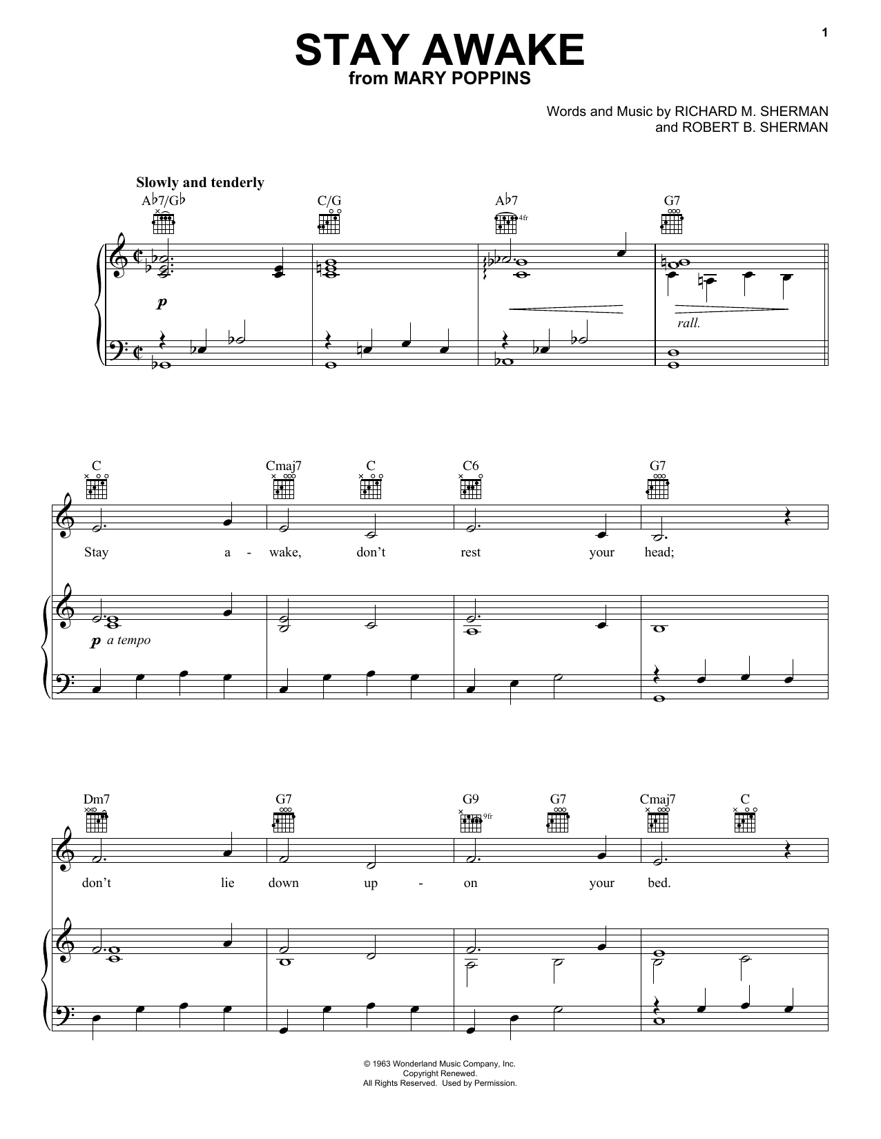 Sherman Brothers Stay Awake (from Mary Poppins) sheet music notes and chords arranged for Piano, Vocal & Guitar Chords (Right-Hand Melody)