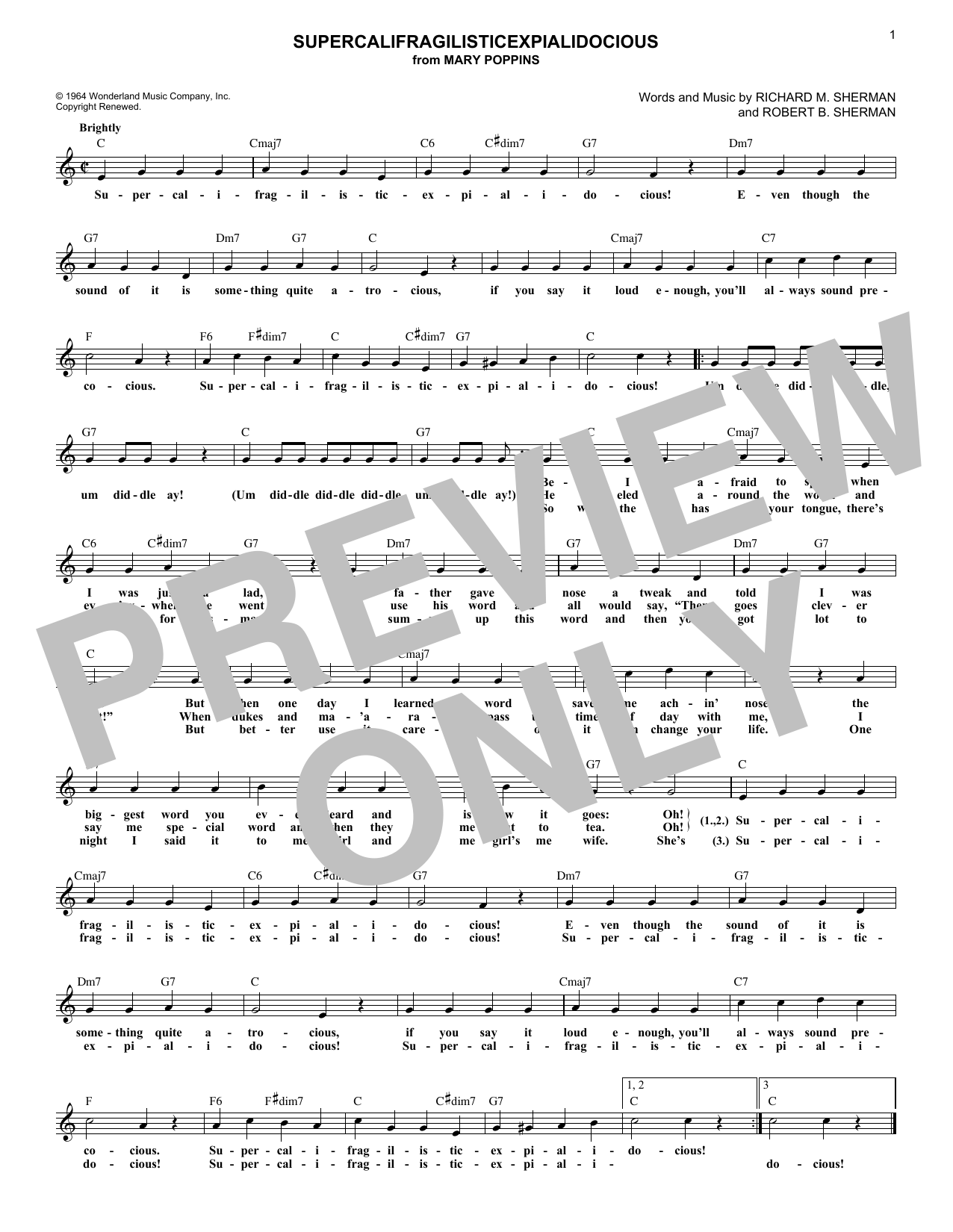 Sherman Brothers Supercalifragilisticexpialidocious (from Mary Poppins) sheet music notes and chords arranged for Lead Sheet / Fake Book