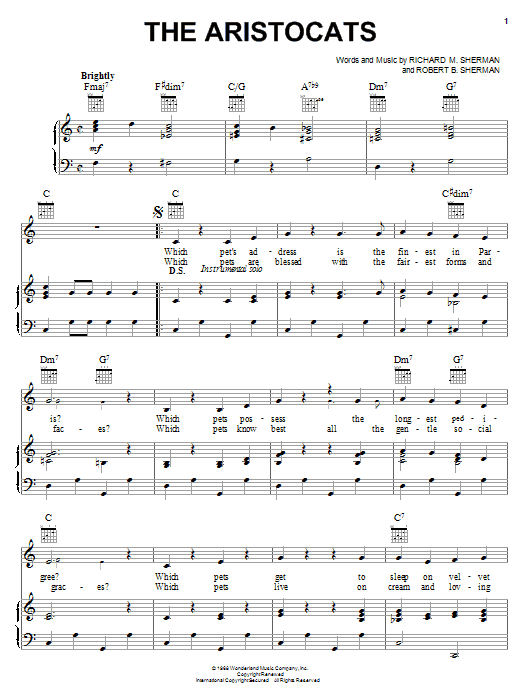 Sherman Brothers The Aristocats sheet music notes and chords arranged for Piano, Vocal & Guitar Chords (Right-Hand Melody)
