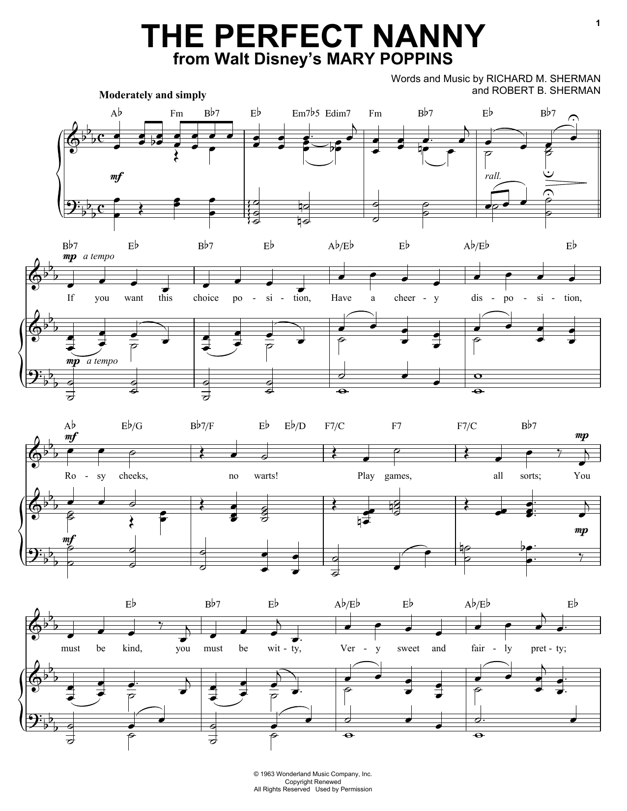 Sherman Brothers The Perfect Nanny sheet music notes and chords arranged for Piano & Vocal