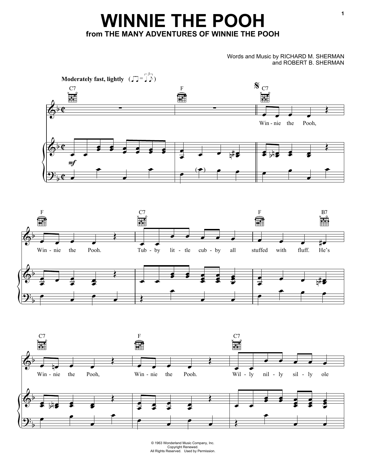 Sherman Brothers Winnie The Pooh (from The Many Adventures Of Winnie The Pooh) sheet music notes and chords arranged for Piano, Vocal & Guitar Chords (Right-Hand Melody)
