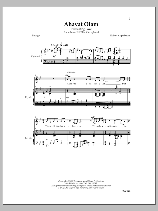 Robert Applebaum Ahavat Olam sheet music notes and chords arranged for SATB Choir