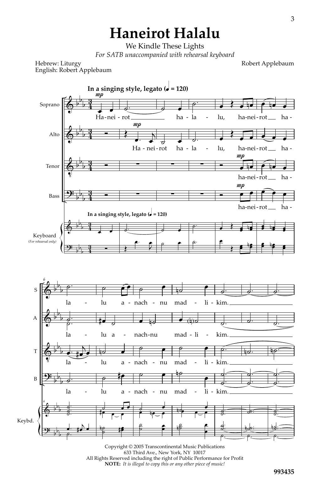 Robert Applebaum Haneirot Halalu (We Kindle These Lights) sheet music notes and chords arranged for SATB Choir