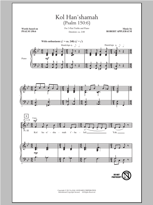 Robert Applebaum Kol Han'shamah sheet music notes and chords arranged for 3-Part Treble Choir