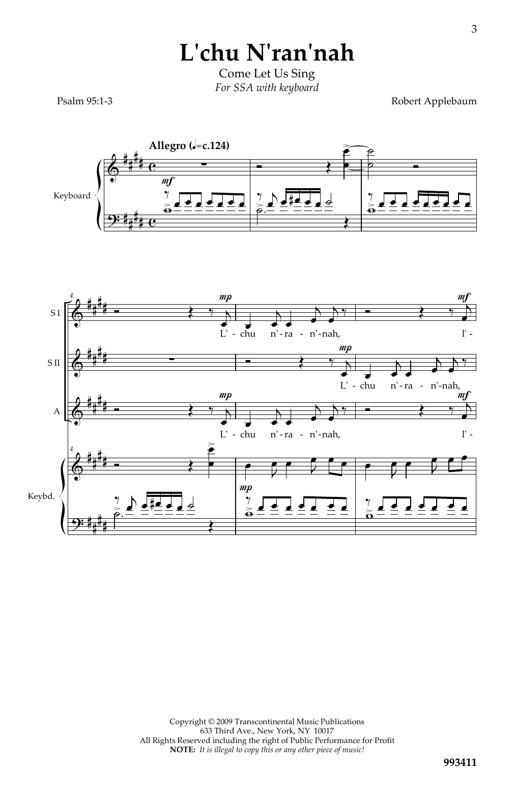 Robert Applebaum L'Chu N'Ran'Nah (Psalm 95: 1-3) sheet music notes and chords arranged for SSA Choir