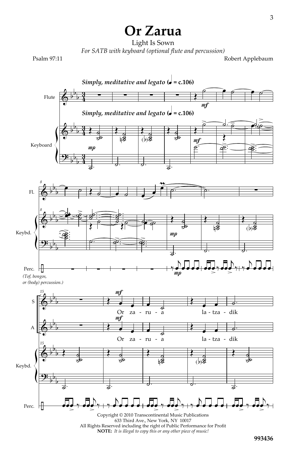 Robert Applebaum Or Zarua sheet music notes and chords arranged for SATB Choir