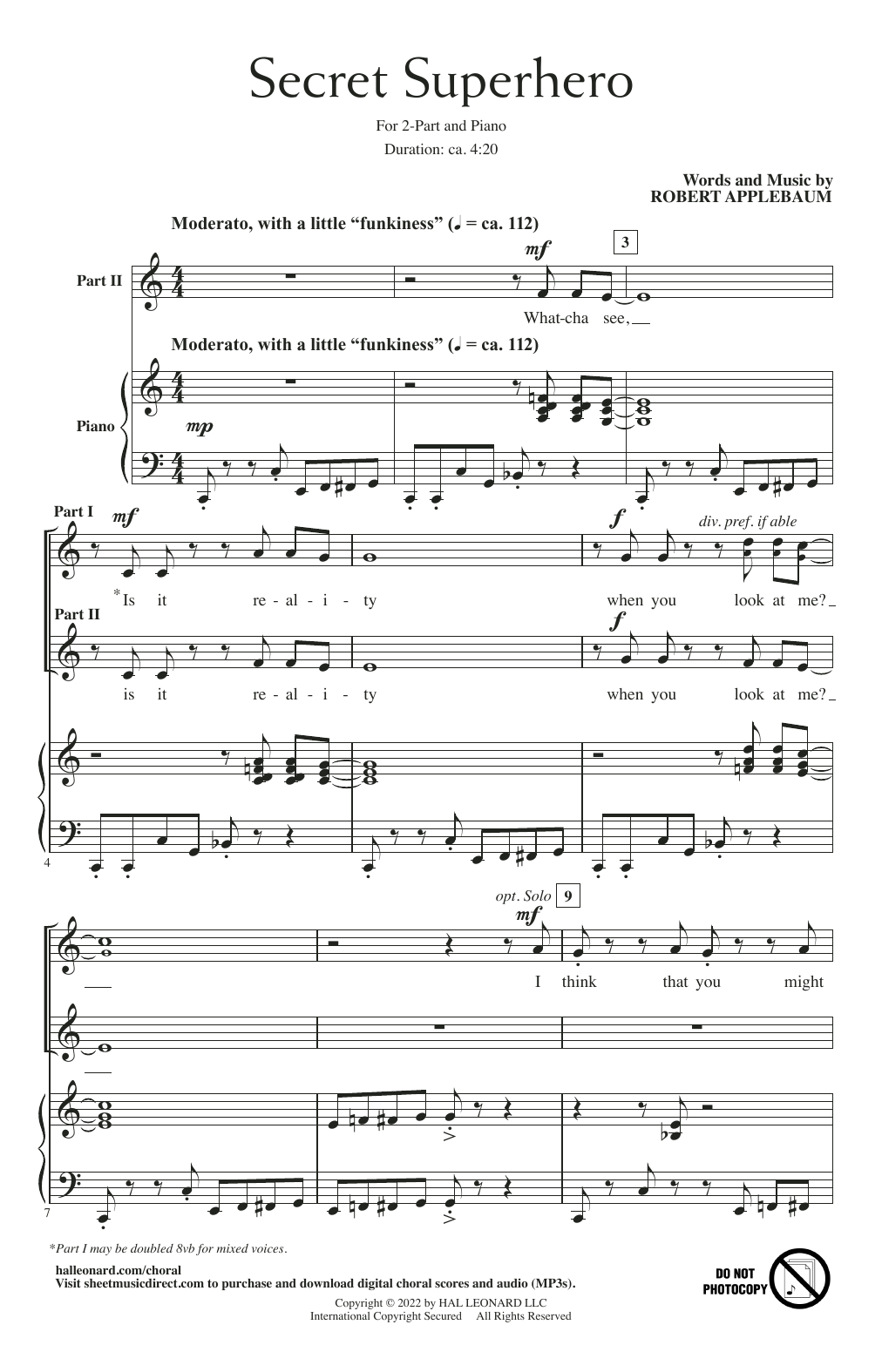 Robert Applebaum Secret Superhero sheet music notes and chords arranged for 2-Part Choir